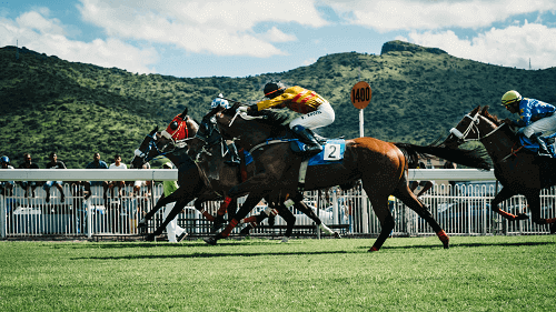 horses crossing the finish line at horse racing betting event